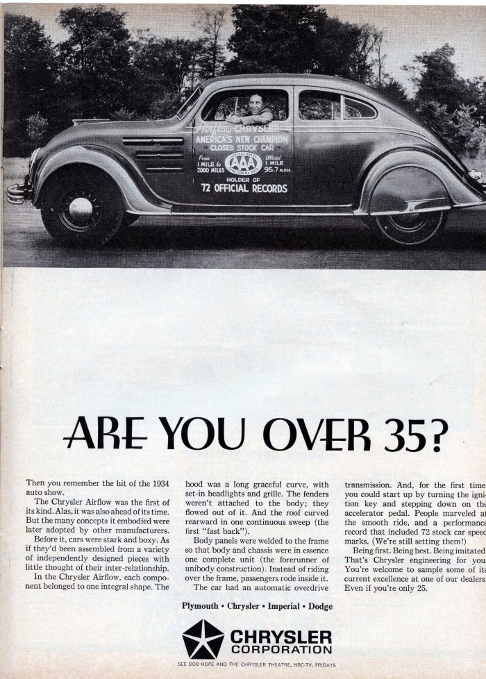A 1964 Chrysler ad featuring a 1934 Airflow