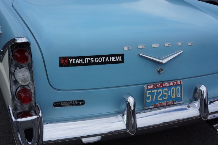The owner of this '56 DeSoto has a sense of humor (but it really does have a Hemi).