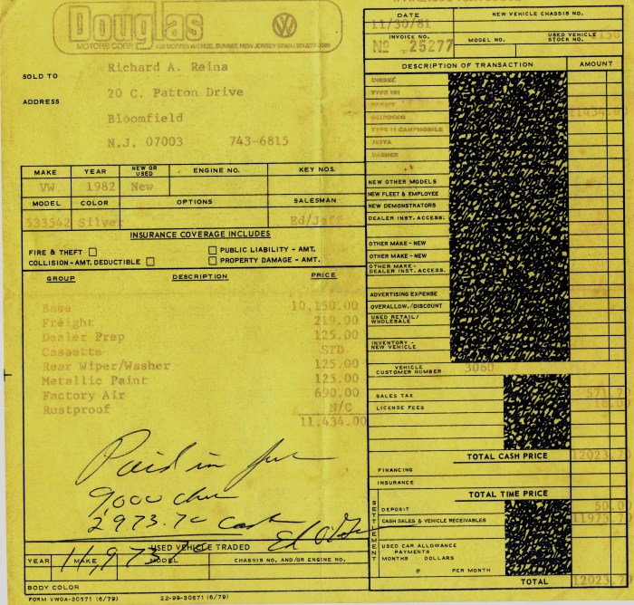 The all-important sales order; seems cheap now, but not in 1981. 