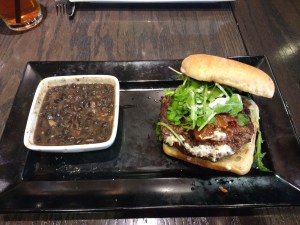 Hamburger with arugula, spicy black beans; does it get any better?
