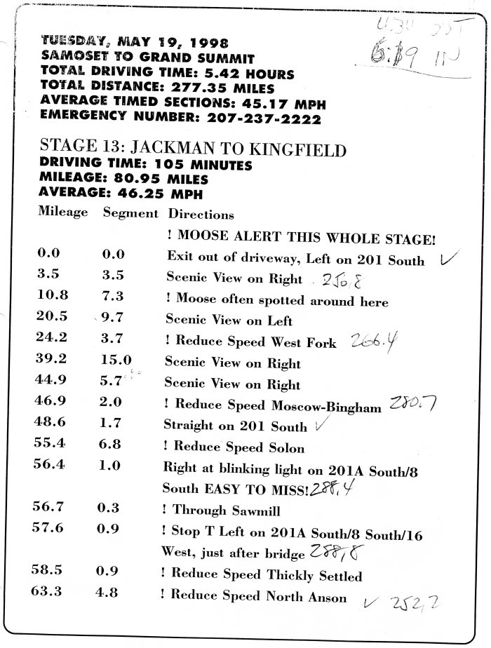 A page from the route book; a working, accurate odometer is presumed